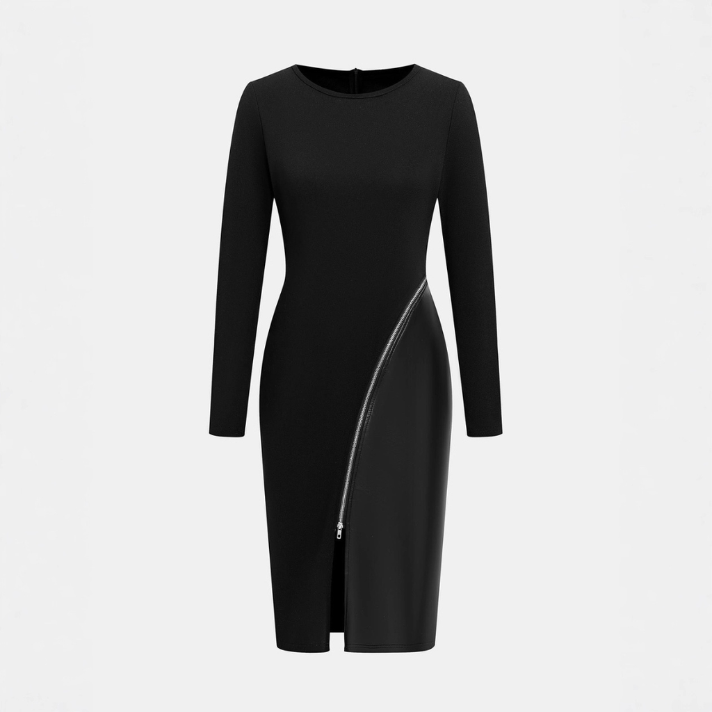 CHARENE™ - Women’s Solid Color PU Leather Patchwork Zipper Bodycon Dress