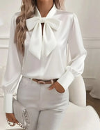 Amelia | Satin Bow-Tie V-Neck Blouse