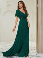 ever MONICA|Long Chiffon Empire Waist Bridesmaid Dress with Short Flutter Sleeves