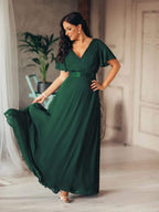 ever MONICA|Long Chiffon Empire Waist Bridesmaid Dress with Short Flutter Sleeves