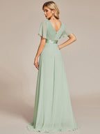 ever MONICA|Long Chiffon Empire Waist Bridesmaid Dress with Short Flutter Sleeves