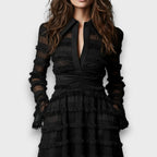 Parisa | Black Midi Dress with Sheer Fringe