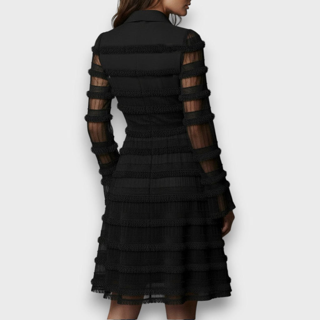 Parisa | Black Midi Dress with Sheer Fringe