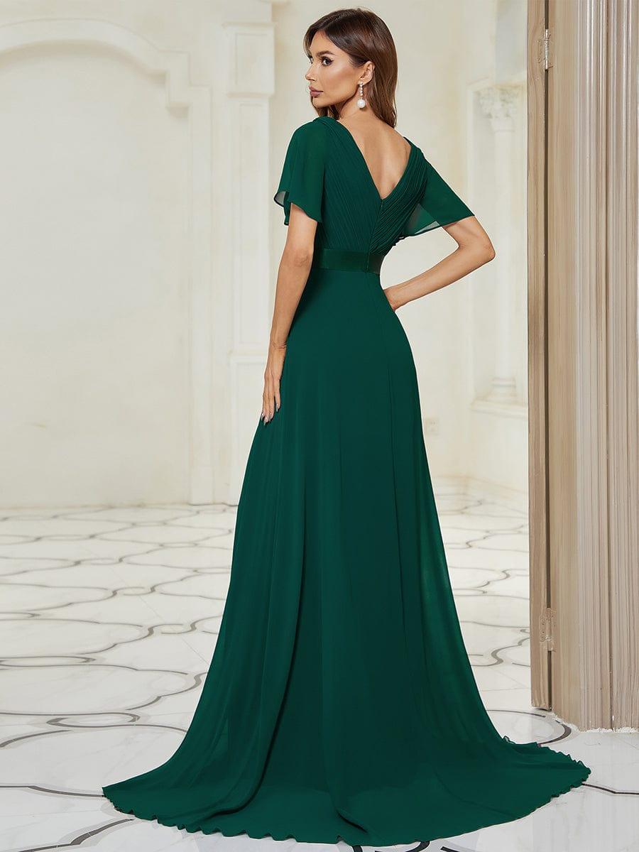 ever MONICA|Long Chiffon Empire Waist Bridesmaid Dress with Short Flutter Sleeves